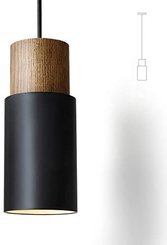ouglres Pendelleuchte 1 Flammig Schwarz,Vintage Zylinder Holz Hängelampe,Aluminium Industrial Hängeleuchte E27 Leuchtmittel 60W für Küche Esstisch Wohnzimmer Schlafzimmer Restaurant,Höhenverstellbar