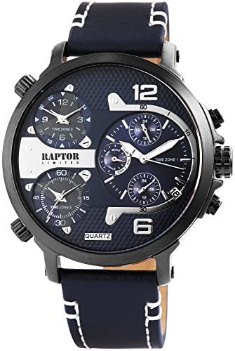 Raptor Limited Herren-Uhr Leder Armbanduhr blau weiß 3 Zeitzonen 24 Std. Anzeige Tachymeter Datums-/ Wochentaganzeige