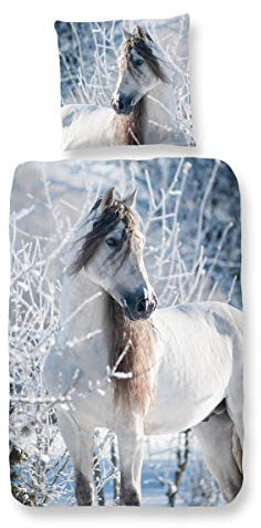 Traumschloss Flanell Kinder Bettwäsche - Schimmel - weißes Pferd im Winter, Farbe:White Horse, Größe:135x200