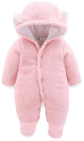 Voopptaw Newborn Baby Cartoon Bear Snowsuit Warm Fleece Hooded Romper Jumpsuit Pink 3-6Months