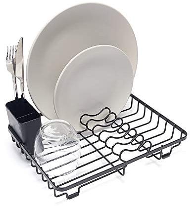 simplywire - Égouttoir à Vaisselle Compact – Égouttoir à Assiettes avec Panier à Couverts – Petit - Acier Enduit de Poudre Noire