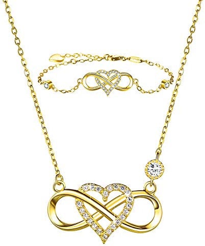 BlingGem Schmuck-Set für Damen 925 Sterling Silber Vergoldetem Unendlichkeits Herz Anhänger Halsketten Armband Set Geschenk für Frauen