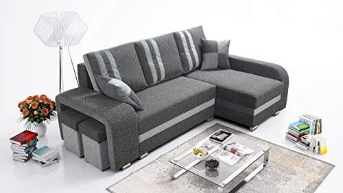 Robin York Ecksofa mit Schlaffunktion 2X Bettkasten 2X Kleine Kissen 2X Hocker Sofa L-Form Schlafsofa Freistehende Eckcouch Schlafcouch Wohnzimmermöbel Wohnlandschaft Rechts Grau