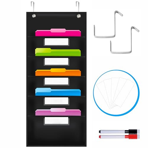 Wandbehang Ordner Datei Organizer mit 5 Taschen für Dateien Bücher Papiere Magazine Organisation mit 2 Metallaufhängern für die Tür,5 trocken abwischbare weiße Etiketten