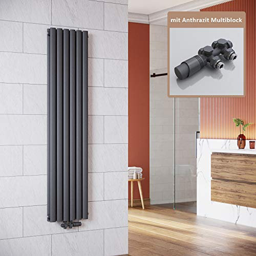 ELEGANT Vertikal Heizkörper Anthrazit 1600x354mm mit Multiblock Anthrazit Thermostat Design Heizkörper Doppellagig Röhrenheizkörper Badheizkörper Mittelanschluss