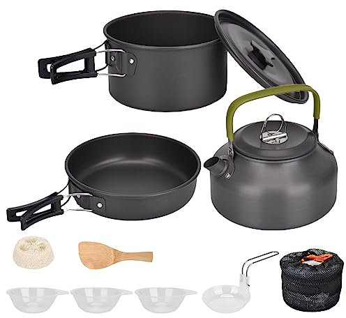 Set de Ollas Camping 2-3 Personas Kit de Utensilios de Cocina de Camping Aluminio Ollas y Sartenes para Acampar 10 PCS Cocina Portátil para Camping Senderismo Acampada al Aire Libre (Negro)