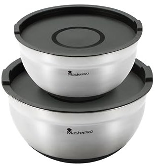 MasterPRO FOODIES COLLECTION - Lot de 4 bols à mélanger en acier inoxydable avec couvercle - Échelle de mesure - Base antidérapante - Durable et élégant