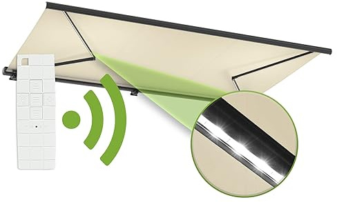 empasa Elektrische Vollkassettenmarkise Profi mit LED Beleuchtung Markise | Kassettenmarkise Gelenkarmmarkise Sonnenschutz mit Fernbedienung, komplett vormontiert, Farbe:elfenbein, Größe:350 x 300 cm