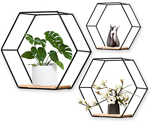 Hexagon Wandregal Ablage aus Holz Metall, 3 Größen Hängeregal Schweberegal Gitterregal Wanddeko Dekorative Regale für Wohnzimmer Schlafzimmer Küche