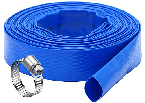 DAVCO 3,2 cm x 30,5 m Pool-Rückspülschlauch, robuster, verstärkter blauer PVC-Lay Flexschlauch, flache Wasserentladungspumpenschläuche für Schwimmablaufbecken und saubere Filter, mit 1 Klemme