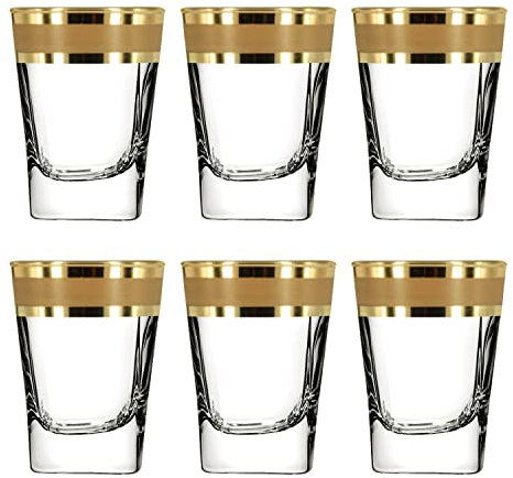 Roman Deluxe Shot Glasses Set of 6 with Unique Unusual Gold Rim Decor/Fancy Vodka Shots/Pretty Tequila Shot Glasses/Heavy Base - 80ml - Gift Set for Women or Men (Gold Modern Decor)