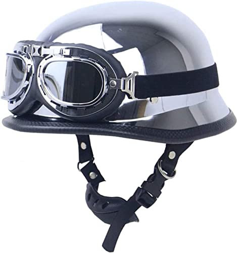 Deutscher Motorrad-Halbhelm Mit Offenem Gesicht, DOT ECE-geprüft, ABS-Schale, Vintage-Helme Mit Pilotenbrille, Spiegel, Silber, Chrom, Chopper, Scooter, Moped, Moto-Helme Für Männer Und Frauen (S-XXL)