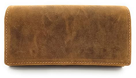 Lemasi große echt Büffel Voll-Leder Damen Geldbörse lang rustikales Hunterleder Vintage 12 Kartenfächer (Braun)