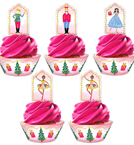 Nutcracker Cupcake Kit - 24 Nutcracker Cupcake Toppers and 24 Cupcake Wrappers - Nutcracker Party Supplies - Nutcracker Party Decorations - Pink Cupcake