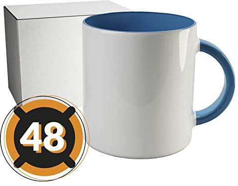 PixColor Lot de 48 tasses de sublimation blanches avec intérieur bleu clair | Boîte individuelle neutre | 350 ml (11 oz) | Catégorie AAA | Passe au micro-ondes et au lave-vaisselle | Cricut