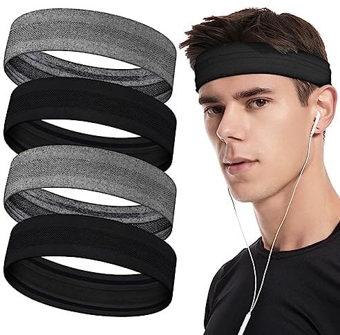 LOPHE Sport Haarband, 4 Stück Stirnband Damen und Herren, Schweißband Stirn Sommer, Double Sided Feuchtigkeit Wicking rutschfest Headband, Haarbänder für Yoga, Laufen, Radfahren(4 PCS–Dunkel)
