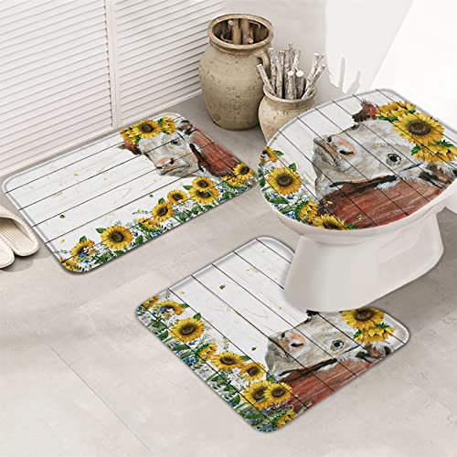 Badematten Set 3 Teilig Bauernhof-Thema Kuh Mit Sonnenblumenkorn Anti-Rutsch Kontur Badteppich Weiche Toilettensitzbezug Badgarnitur Matte