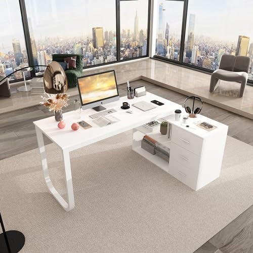 L Förmiger Schreibtisch, Eckschreibtisch, Computertisch, Schbreibtisch mit 3 Schubladen und 105 cm Länge Aktenschrank,Arbeitstisch mit verstellbare Regale, Weiß, MDF+Metall, 140 x 105 x 75 cm