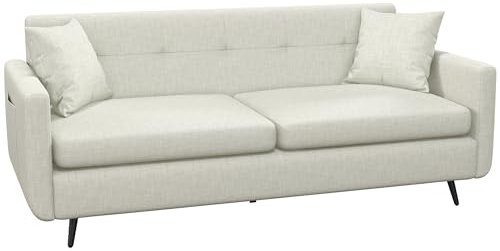 HOMCOM 165cm 3 Seater Sofa for Living Room, Modern Fabric Couch, Tufted Small Couch Sofa Settee with Steel Legs and 2 Storage Pockets for Bedroom and Home Office, Beige