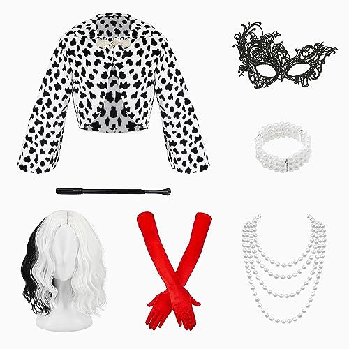 Cruella Devil Kostüm Damen Fasching Dalmatiner Kostüm Cruella Deville Mantel mit Schal Deluxe Zubehör Perücke Handschuhe Perlenkette 1920er Kleider Mädchen Halloween Mottoparty Karneval FR046M