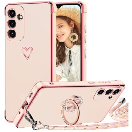 TVVTPU Coque pour Samsung Galaxy S24 avec Cordon et 360 Degrés Anneau Support, Étui Housse Antichoc Souple Silicone TPU Bumper Protection Case avec Amovible Collier, Rose