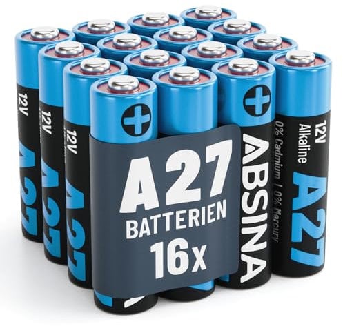 ABSINA 16x 27A 12V Batterie für Garagentoröffner und vieles mehr - Batterie 27A 12V Alkaline Mini auslaufsicher & mit Langer Haltbarkeit - Batterie MN27 12V, A27A Batterien, Batterie LR27A, A27 12V