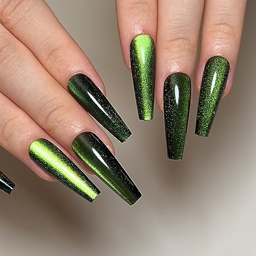24pcs Long Coffin False Nails - Sliver Cat Eye Glitter Design, Dark Green, Stick On, Removable, Full Cover Fake Nails for Women & Brides