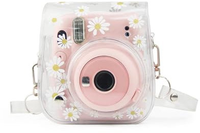Clear Camera Case for Fujifilm Instax Mini 12/11/9/8 Instant Camera with Adjustable Shoulder Straps (Transparent Daisy)