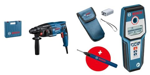 Bosch Professional Bohrhammer GBH 2-21 (mit SDS plus, inkl. Zusatzhandgriff, Maschinentuch, Tiefenanschlag) + Ortungsgerät GMS 120 (Bohrlochmarker, max. Detektionstiefe: 38/120/80/50 mm)