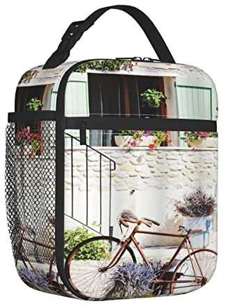 Rportable - Lonchera aislada para mujeres/hombres, casa de piedra rural mediterránea francesa europea con bicicleta campestre, lonchera aislada reutilizable para oficina, trabajo, escuela, picnic,