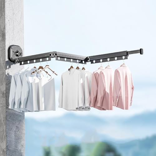 JINYOMFLY Einziehbar Kleiderstnder Saugnapf, Klappbar Wandmontage Aluminium Wäscheständer, Platzsparend Kleiderständer Wand für Balkon Wäsche Badezimmer Wohnung Schlafsaal (Grau 3-Fach gefaltet)