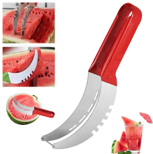 Watermelon Slicer Cutter - Stainless Steel Melon Cutter - Watermelon Cutter Slicer Tool - Watermelon Cutting Fork - Multifunctional Fruit Fork - for Cantaloupe Papaya Dragon Fruit Watermelon (Red)