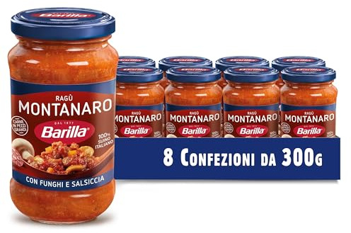 Barilla Sugo Ragù Montanaro, Sugo Pronto, Confezione da 8x, 300g | con Pomodoro, Salsiccia e Funghi, Senza Glutine
