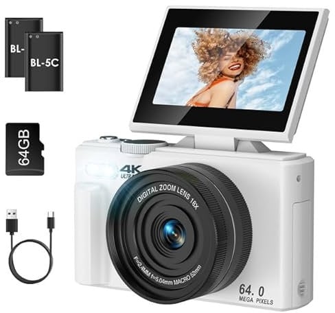 LAMA Cámara digital, mini cámaras digitales 4K 64 MP con tarjeta SD de 64 G, cámara compacta de 3,0 pulgadas, 180 °, zoom 18X, cámara digital, cámara de fotos para niños, adolescentes, principiantes