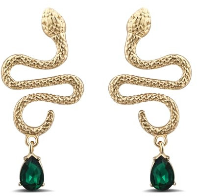 Aliyoham Snake Stud Earrings for Women, 14K Gold Plated with Green Emerald Gemstone, Vintage Animal Jewelry, Hypoallergenic Birthstone Gift