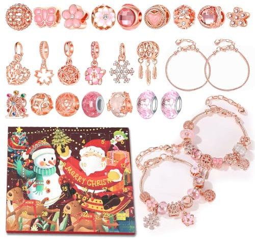 Calendrier de compte à rebours 2024 - Bracelet à breloques à faire soi-même sur le thème de Noël - Cadeau pour filles, enfants, adolescents, or rose