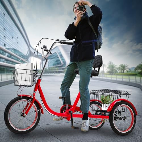 DAOHHFO 16 Zoll Dreirad für Erwachsene mit Rückenlehne, Professionelles Senioren Dreirad mit Vordere & Hintere Korb, Lastenfahrrad Max. 150KG für Senioren mit Einer Höhe von 1.45-1.70M (Rot)