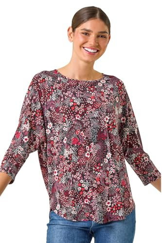 Roman Originals Stretchy Top for Women UK - Ladies Jersey Blouse Smart Casual Tunic Work 3/4 Length Sleeve Round Neck Boat Neckline Flattering Autumn Winter - Red White - Size 12