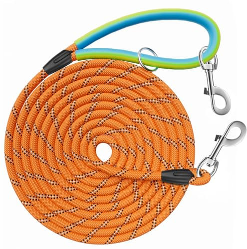 Aystkniet Longe pour Chien, 5M 10M 15M 20M 30M Laisse de Dressage avac Crochets Pivotants aux Deux Extrémités, Longue Laisse Corde d'attache pour Petits, Moyens, Grands Chiens (Orange, 20M * 8MM)