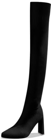 Stivali alti al ginocchio da donna invernali a maglia con tacco alto sopra il ginocchio stivali alla moda, da donna a gambo lungo, stivali di gomma corti, scarpe da donna, Nero , 37 EU