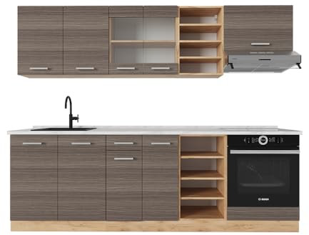 Vicco Küchenzeile R-Line, Küchenblock, Edelgrau/Goldkraft Eiche, 240 cm, AP Marmor