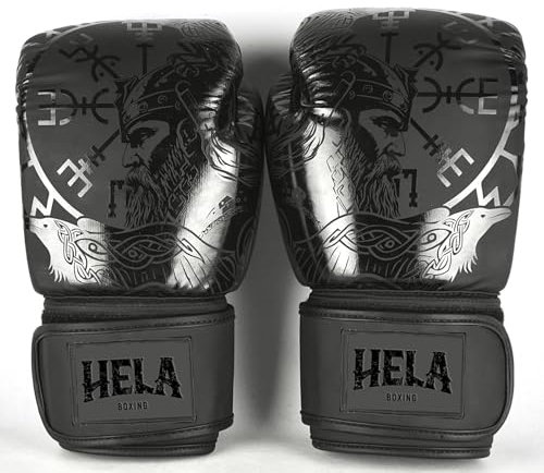 Guantes de Boxeo Hela – Diseño Inspirado en los Vikingos con Odín, Acolchado Multicapa y Soporte Superior para la Muñeca, Cuero Sintético PU Matt Flex (14 OZ)