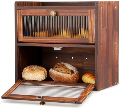 Brotkasten Holz, 2 Etagen Brotkasten mit Magnetisch Transparent Fenster, Bread box, Großer Brotaufbewahrungsbehälter, Brotbehälter Brotaufbewahrung, Brotbox für Lagerung von Lebensmitteln (B)