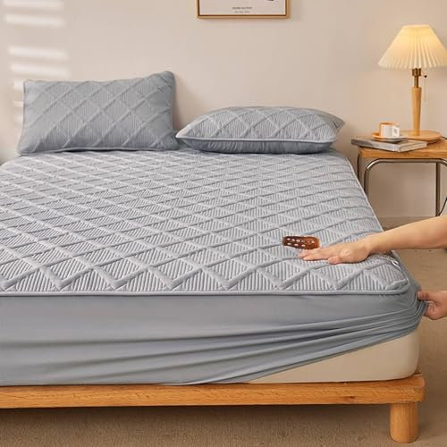 Spannleintuch 90x200, Gitter Baumwolle Bettwäsche Spannbetttuch Grau, für Boxspringbetten, Bequem | mit 2 Kissenbezügen