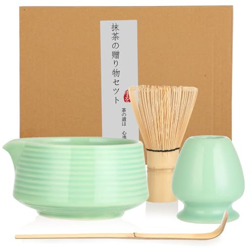 Kit Matcha – Matcha Kit 4 Pièces pour Cérémonie du Thé: Bol Matcha en Céramique avec Bec Verseur, Fouet Matcha en Bambou avec Support, Cuillère à Matcha – Cadeau Élégant Vert pour la Cérémonie du Thé