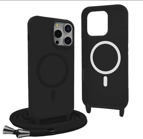 Magnetic Cover for iPhone 12 Pro with Lanyard, Compatible with MagSafe, Silicone Case with Adjustable Neck Strap Nylon Chain Necklace – Black