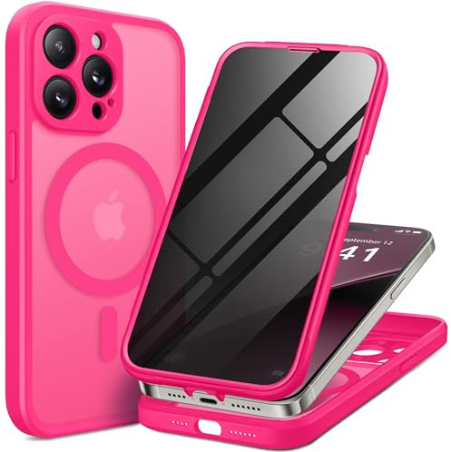 BERFY Magnetic for iPhone 14 Pro Max Case,Compatible with MagSafe,Built-in Privacy Screen Protector and Upgraded Camera Protection,Anti-Spy Full Body Shockproof Phone Case for 14 Pro Max 6.7,Hot Pink