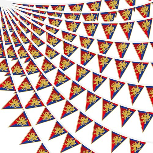 Hahafelt 12 Stück 43,9 m mittelalterliche Fantasie-Wimpelbanner mit Löwen-Design, mittelalterliche Party-Dekoration, hängende Party-Wimpelkette, Banner, Garten, Dreiecksflagge für Schloss, Themenfest