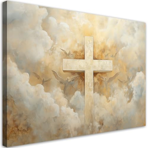 Feeby Wandbilder - Bilder Schlafzimmer - Kreuz Himmel Religiös - 120x80 1tlg - Wohnzimmer Bild Groß - Wohnungs - Foto Geschenk - Leinwand Wall Art - Wand Deko