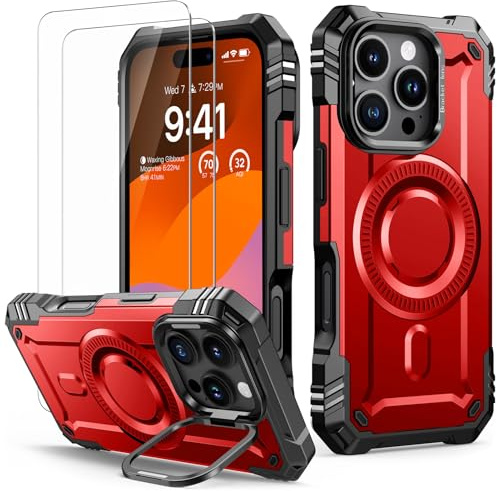 Lanhiem für iPhone 16 Pro Max Hülle, Kamera Ständer, Magnetisch, Rot | mit 2 Stück Panzer Glas für MagSafe, Handyhülle für iPhone 16 Pro Max Case Stoßfest Schutzhülle Militärschutz Panzerhülle
